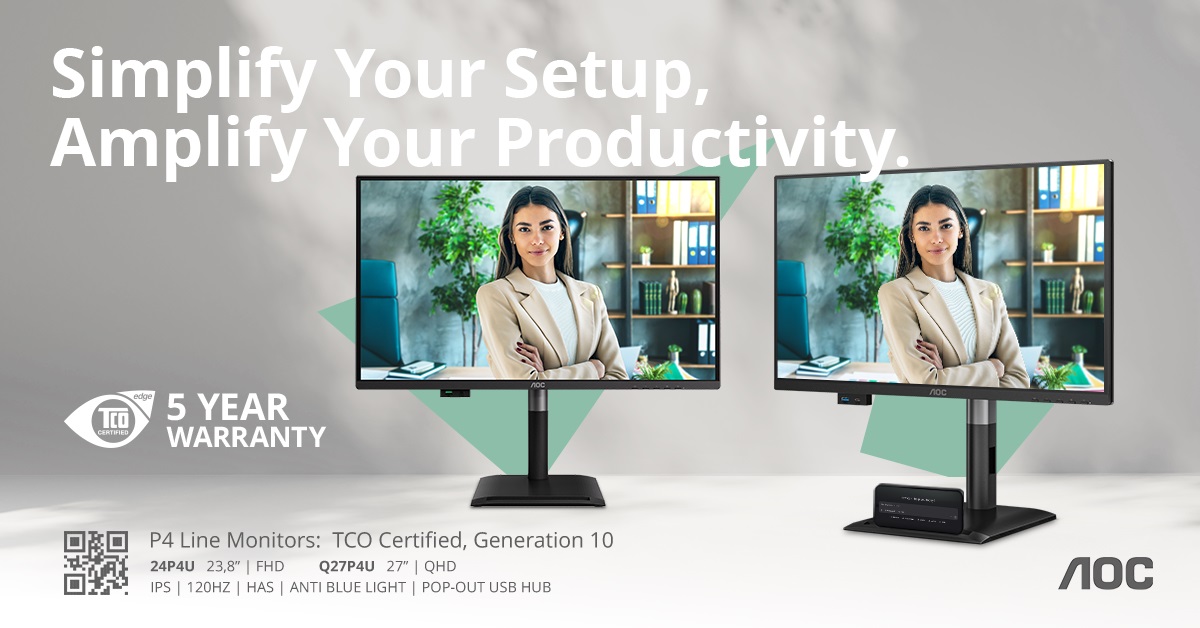 AOC P4: monitoare profesionale cu certificare TCO gen 10, 120 Hz și huburi USB de tip “pop-out” integrate